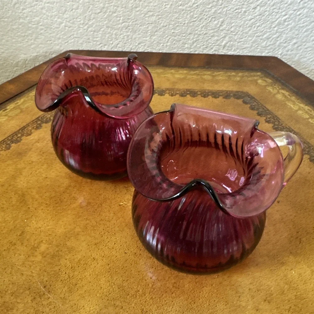 Vtg Pilgrim Glass Optic Cranberry‎ Pink Pitcher Ribbed Clear Handle + Sugar Bowl